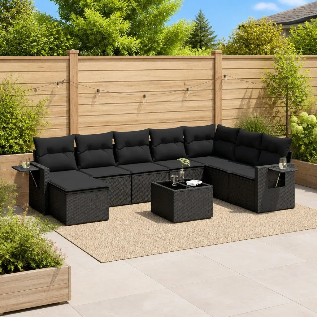 9 Piece Modular Outdoor Furniture Set Black PE Rattan Garden Sofa with Cushions and Foldable Side Table