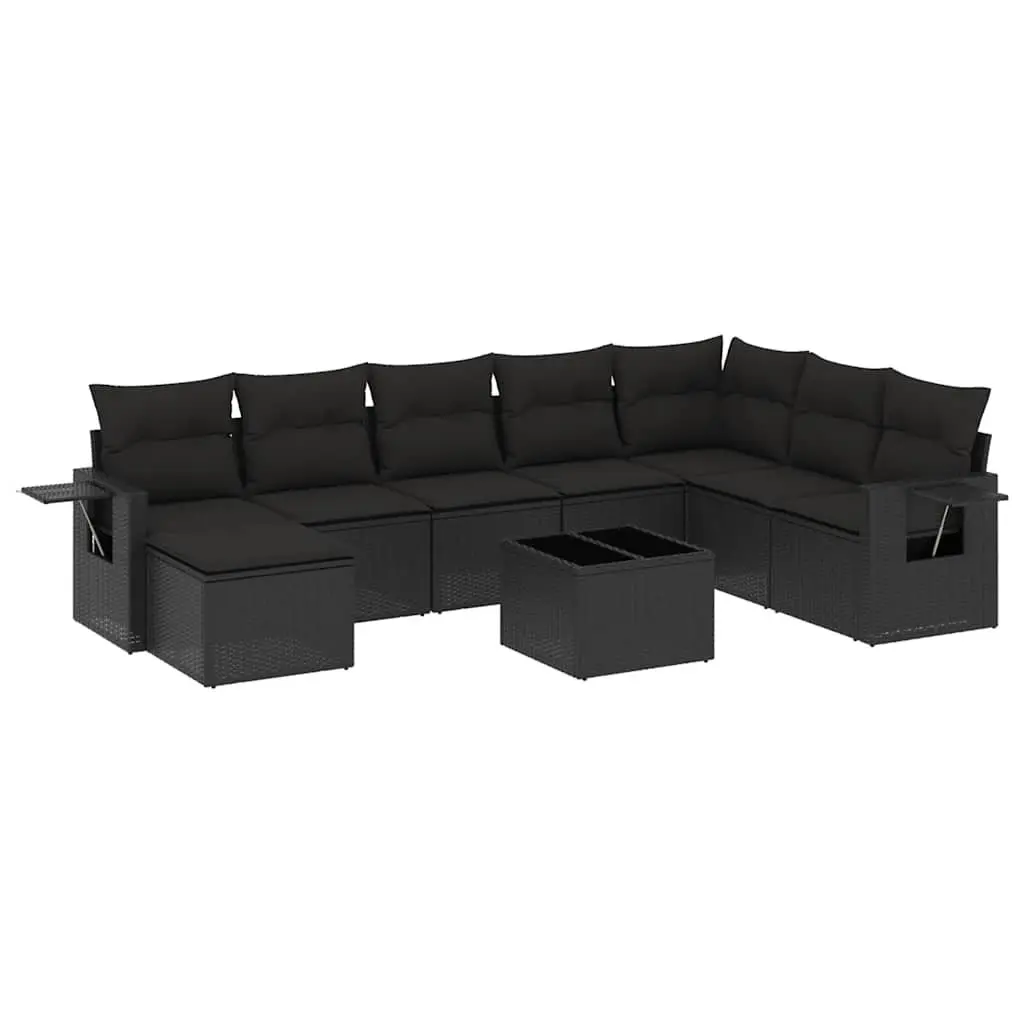 9 Piece Modular Outdoor Furniture Set Black PE Rattan Garden Sofa with Cushions and Foldable Side Table