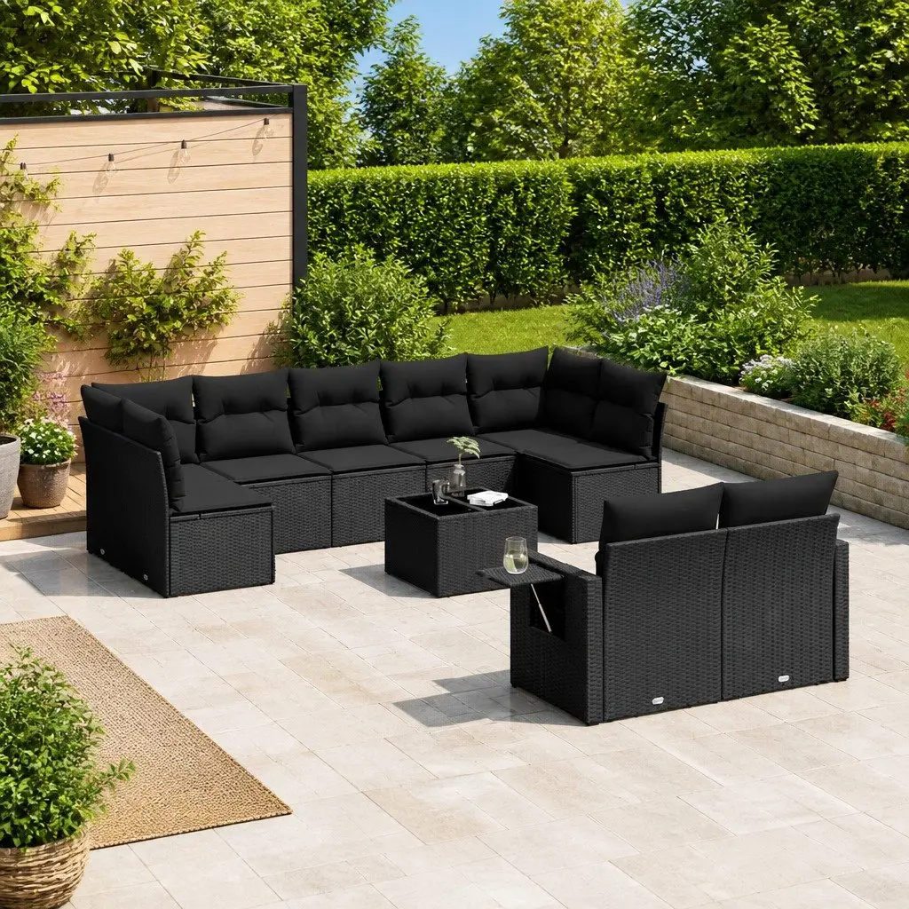 10 Piece Black Garden Sofa Set for Outdoors