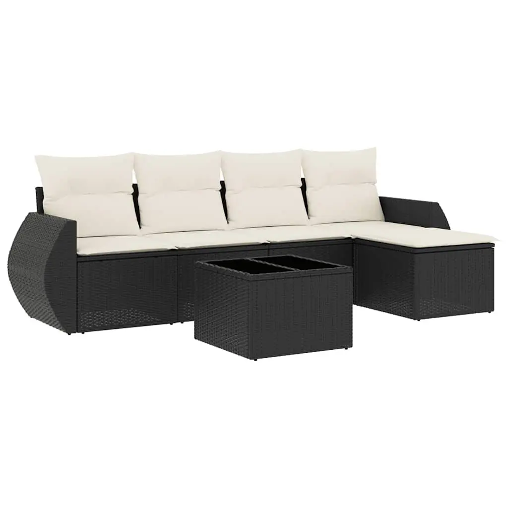 6 Piece Modular Outdoor Furniture Sofa Set Black PE Rattan with Storage and Tempered Glass Table Top