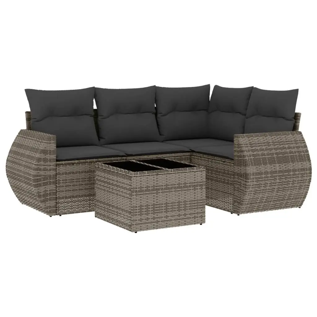 5 Piece Garden Sofa Set Modular PE Rattan Grey with Storage and Tempered Glass Tabletop