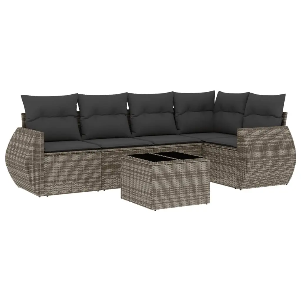 6 Piece Outdoor Garden Sofa Set PE Rattan Grey with Storage Cushions and Tempered Glass Tabletop