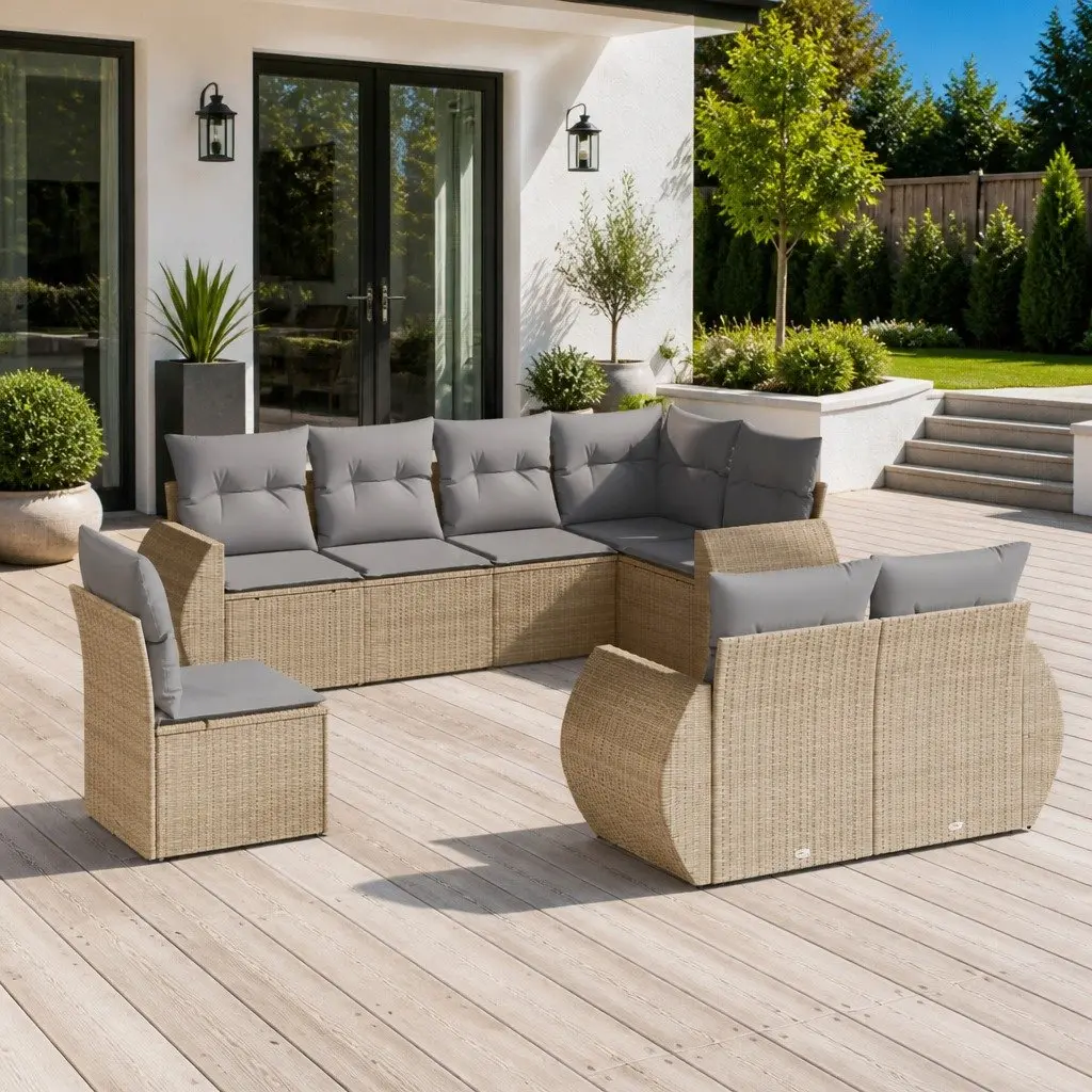 Outdoor Garden Sofa Set PE Rattan 8 Piece Modular Beige with Storage