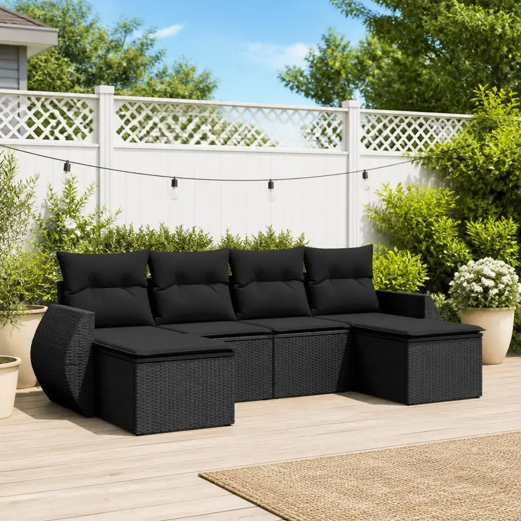 Garden Sofa Set 6 Piece Outdoor Furniture Black Poly Rattan Patio Seating