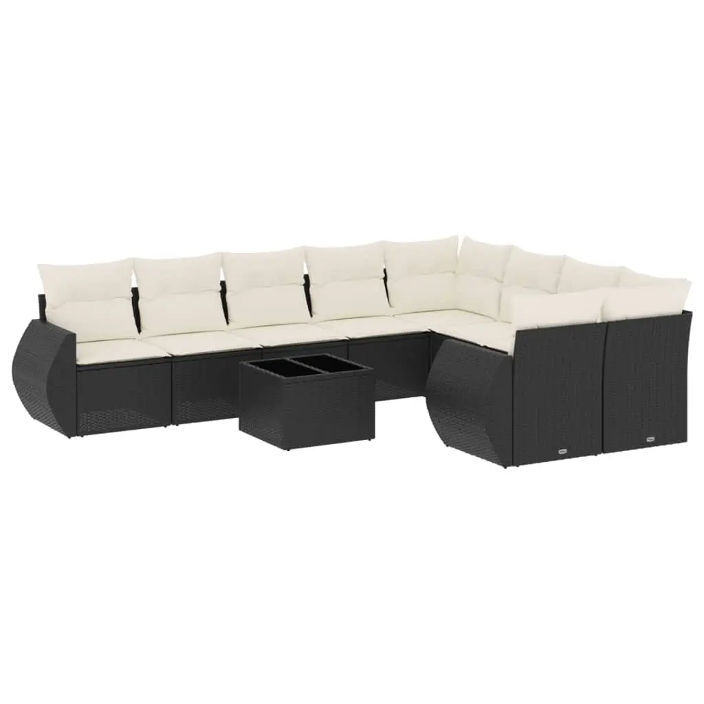 Modular Outdoor Furniture Black PE Rattan 10 Piece Garden Sofa Set with Tempered Glass Top and Removable Washable Cushions