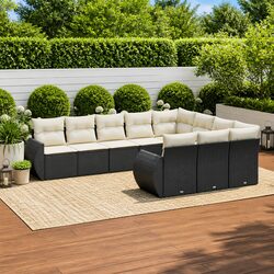 10 Piece Garden Sofa Set with Storage Cushions Black Poly Rattan Outdoor