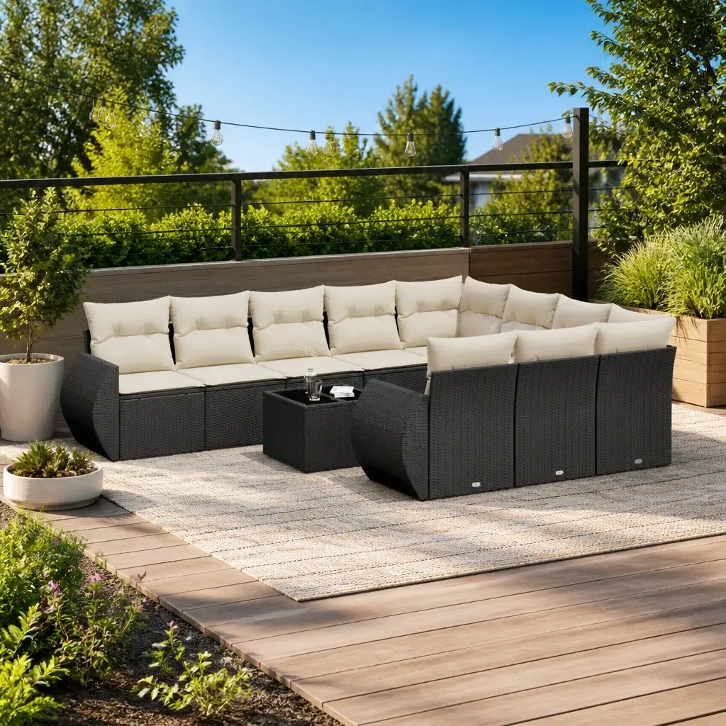 11 Piece Garden Sofa Set PE Rattan Black Outdoor Furniture with Cushions and Storage