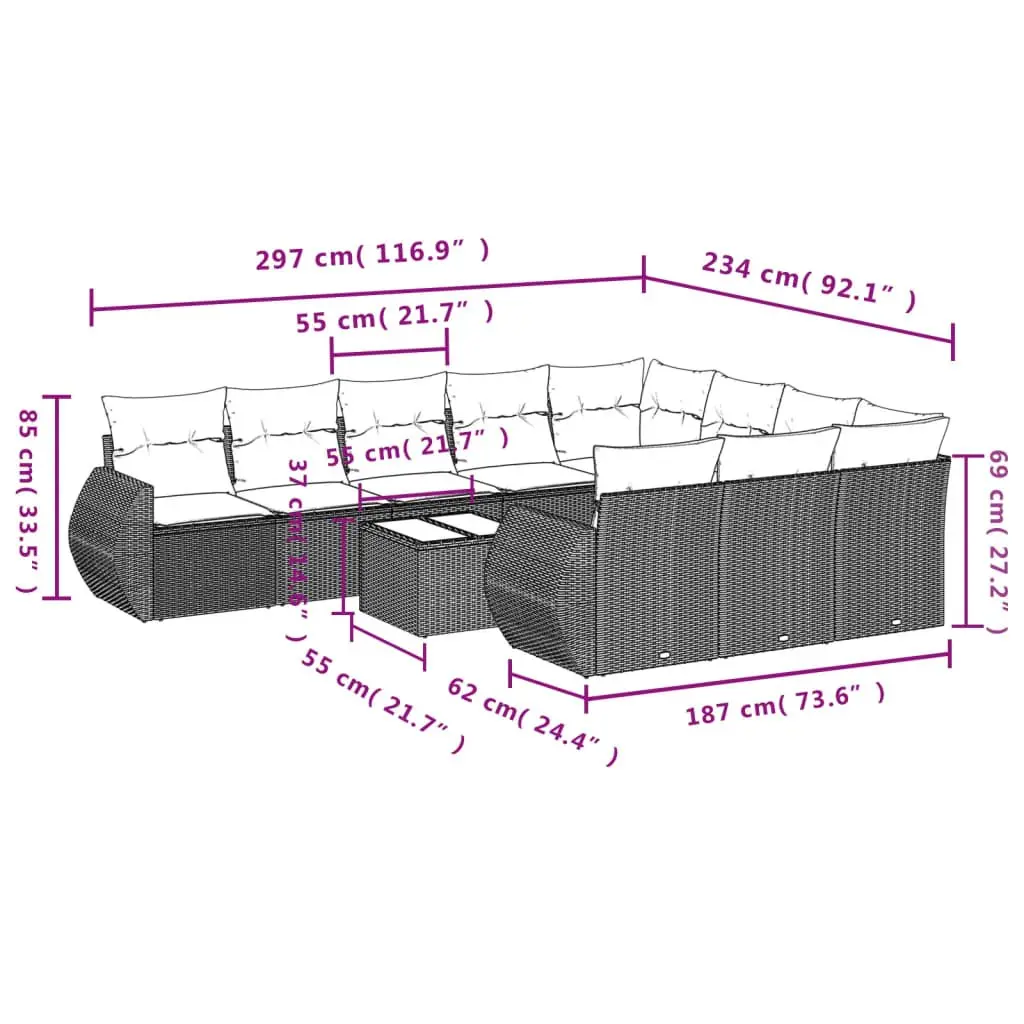 11 Piece Garden Sofa Set PE Rattan Black Outdoor Furniture with Cushions and Storage