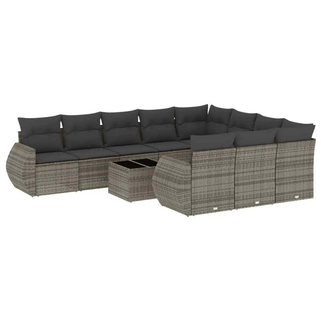 11 Piece Modular Garden Sofa Set Grey PE Rattan Outdoor Furniture with Storage Compartments and Tempered Glass Top