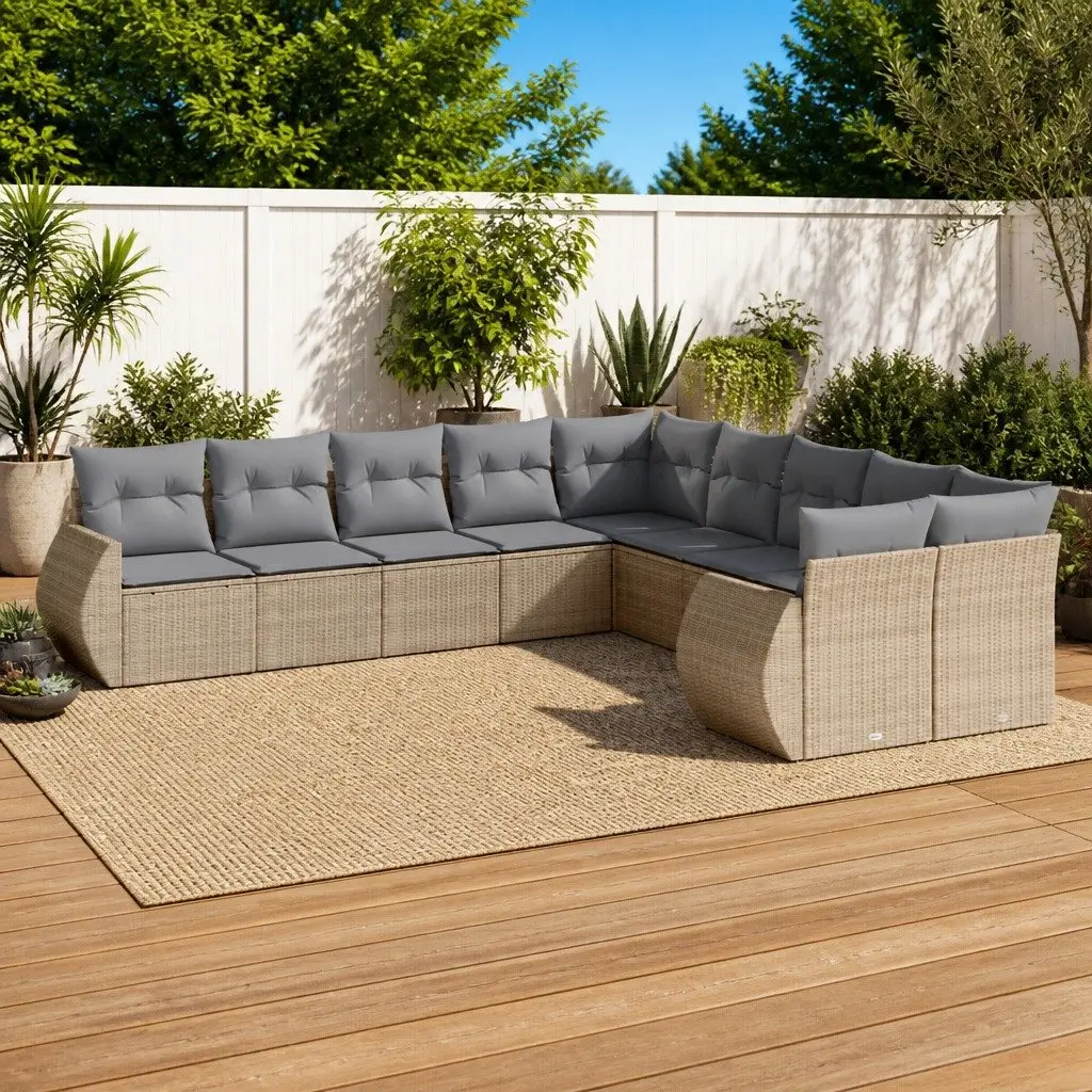 10 Piece Outdoor Garden Sofa Set PE Rattan Patio Furniture Beige with Cushions