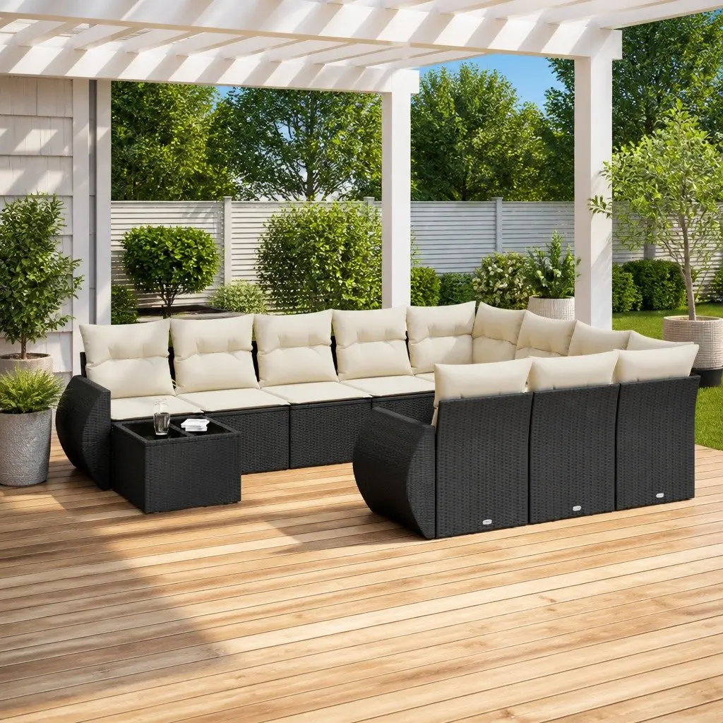 11 Piece Modular Garden Sofa Set Black PE Rattan Outdoor Furniture with Storage and Tempered Glass Top