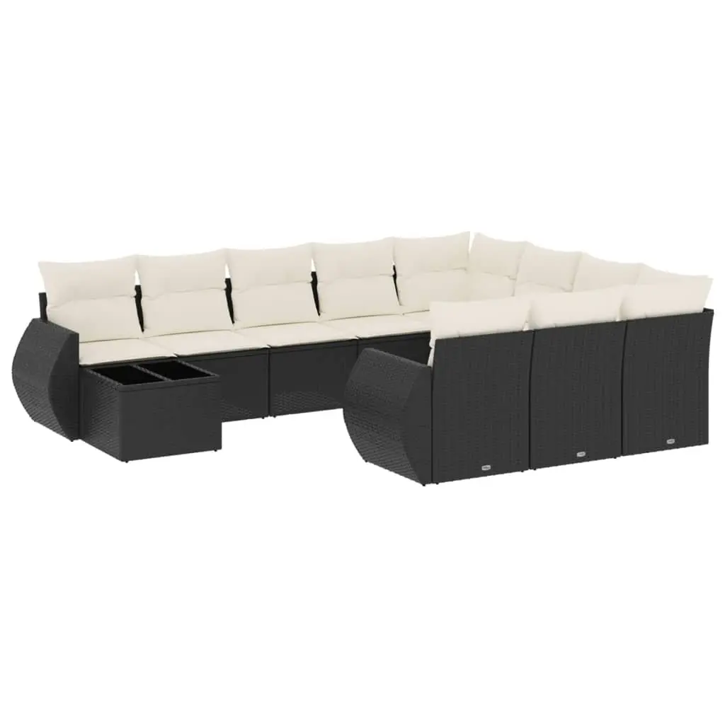 11 Piece Modular Garden Sofa Set Black PE Rattan Outdoor Furniture with Storage and Tempered Glass Top