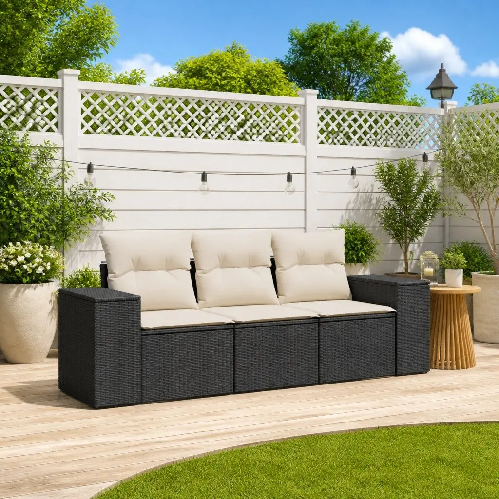 Garden Sofa Set 3 Piece Black Poly Rattan Outdoor Furniture Patio with Cushions