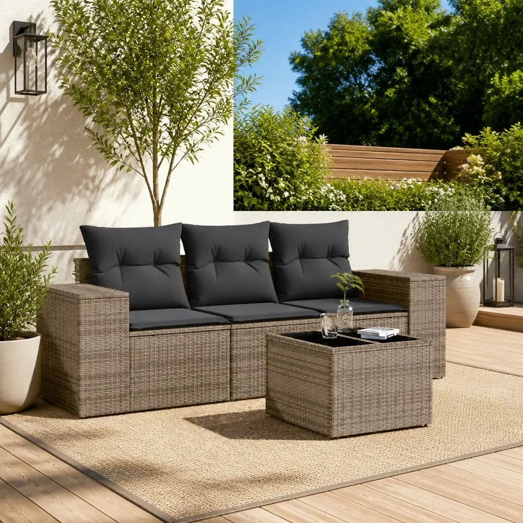 Garden Sofa Set 4 Piece PE Poly Rattan Grey with Storage Cushions
