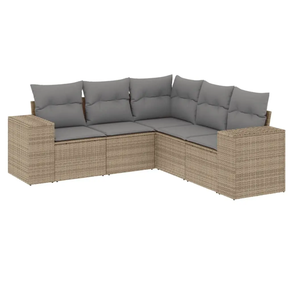 5 Piece Modular Outdoor Sofa Set Beige PE Rattan Garden Furniture with Removable Cushion Covers and Storage Bag for Patio Lounge