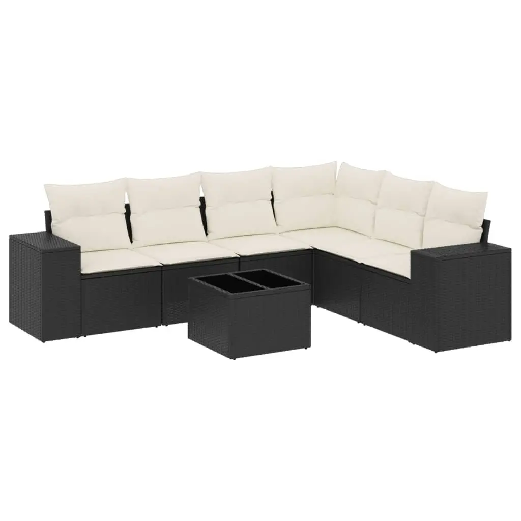 7 Piece Modular Patio Sofa Set Black PE Rattan Outdoor Furniture with Tempered Glass Tabletop and Storage Function