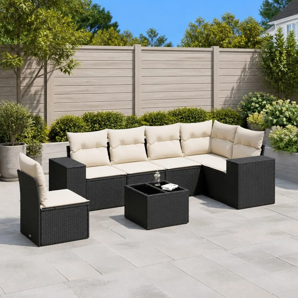 Garden Sofa Set PE Rattan 7 Piece Black Outdoor Furniture Patio Lounge