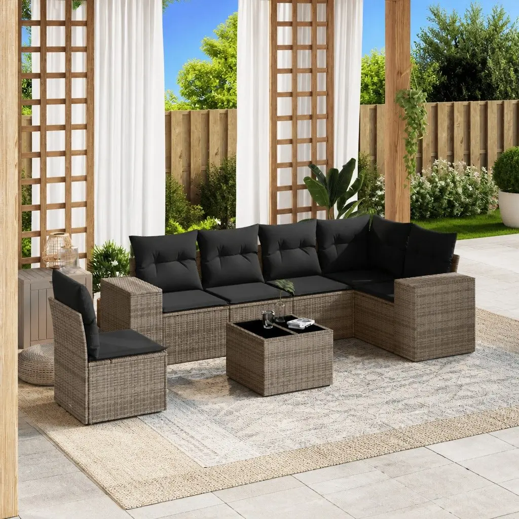 Modular Patio Sofa Set Grey Poly Rattan 7 Piece Outdoor Furniture