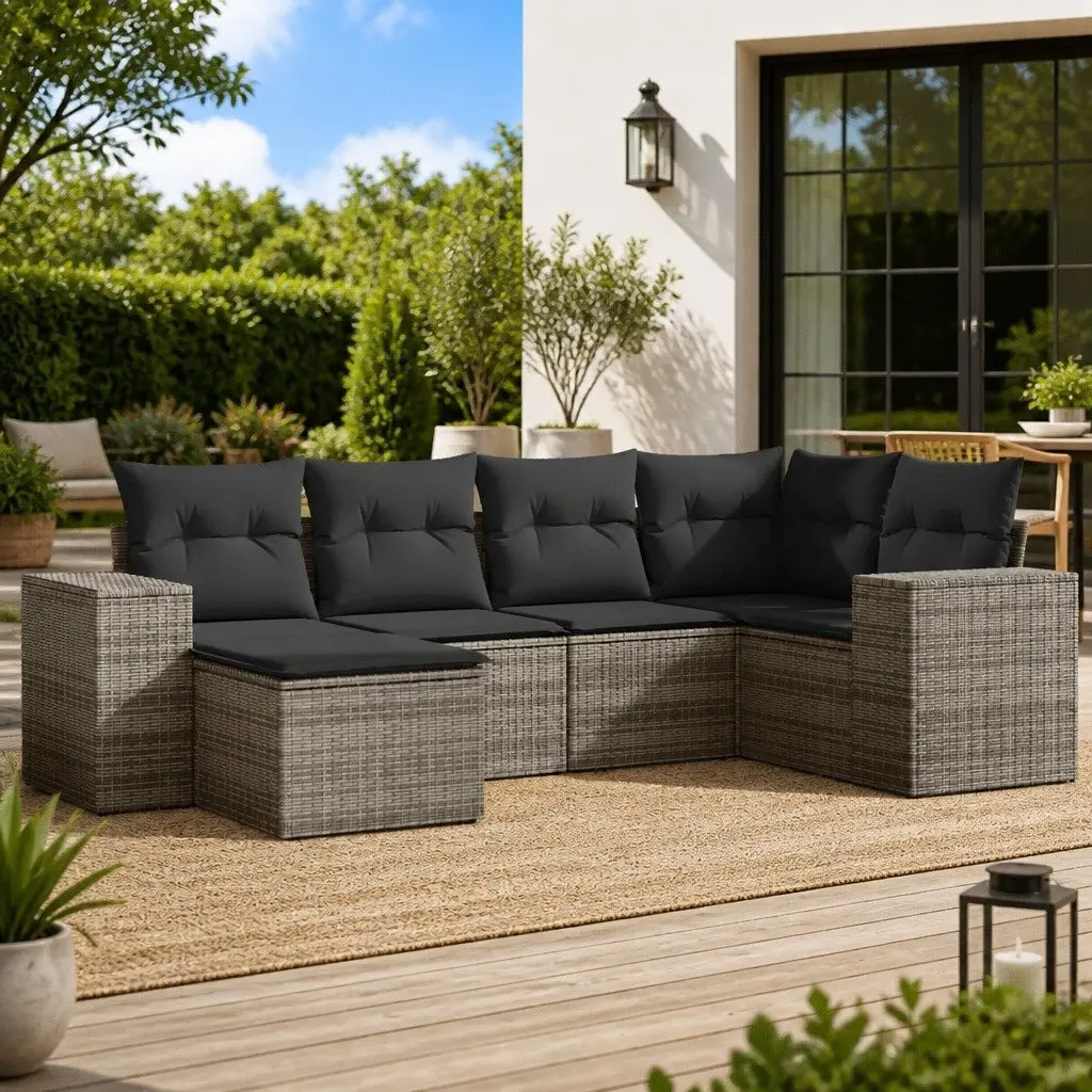 Outdoor Furniture Set 6 Piece Modular Grey PE Rattan Sofa with Storage Cushions