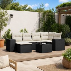 7 Piece Outdoor Garden Sofa Set Black Poly Rattan Patio Furniture with Cushions