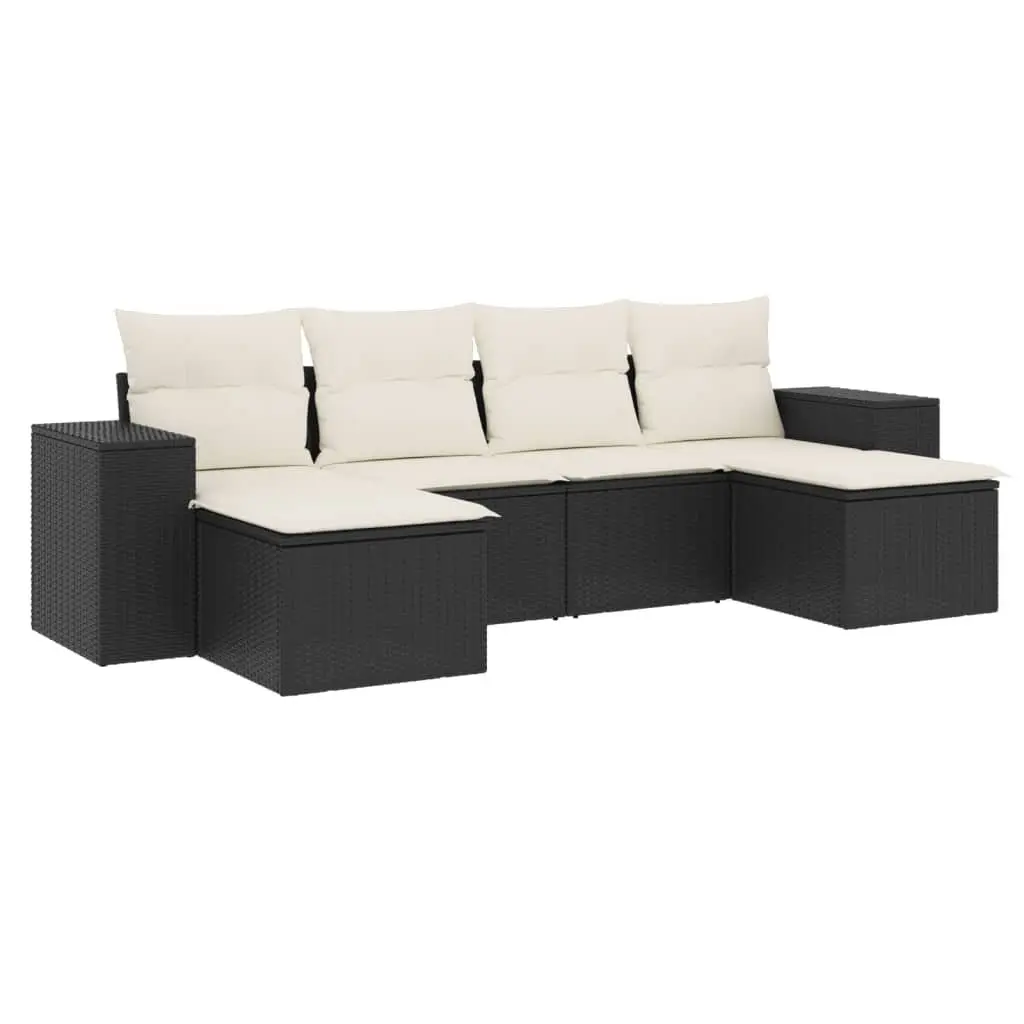 6 Piece Garden Sofa Set Black Poly Rattan Outdoor Patio Furniture with Cushions
