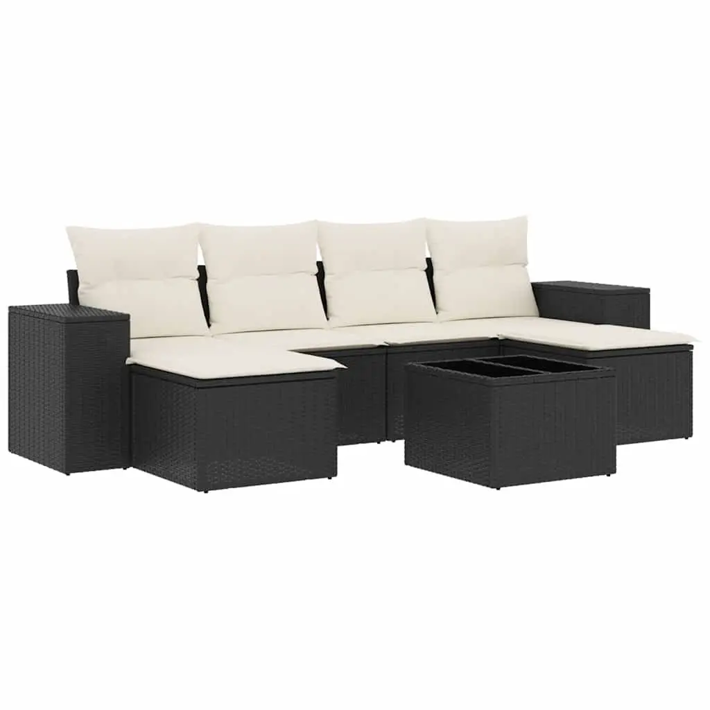7 Piece Garden Sofa Set PE Rattan Construction Black Outdoor Patio Furniture with Cushions and Storage