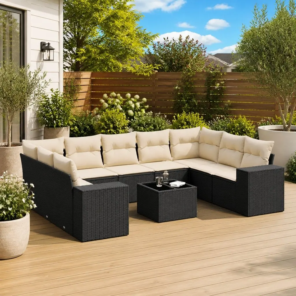 Garden Sofa Set 10 Piece PE Rattan Modular Outdoor Furniture Black with Tempered Glass Tabletop