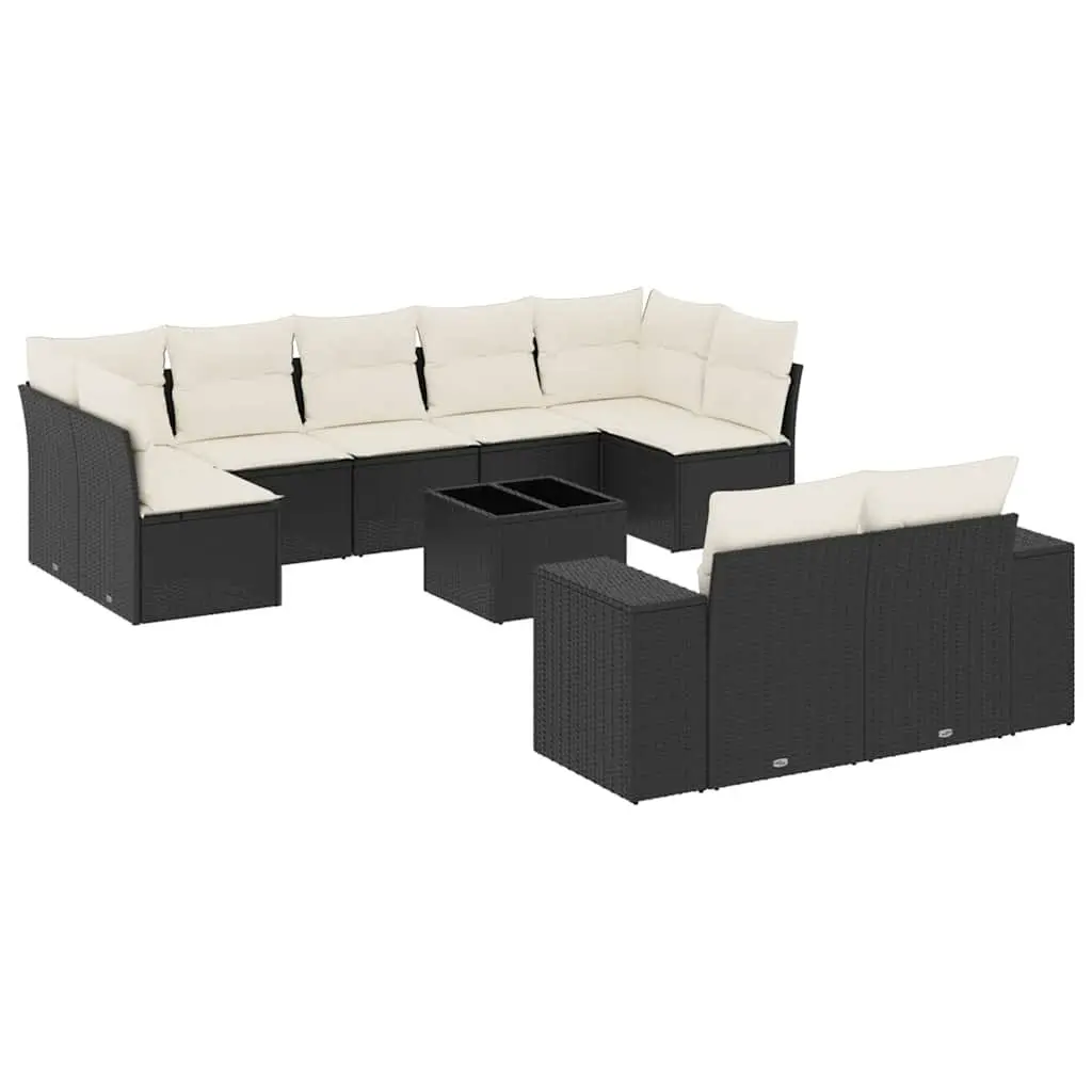 10 Piece Modular Garden Sofa Set Black PE Rattan Outdoor Furniture Patio with Tempered Glass