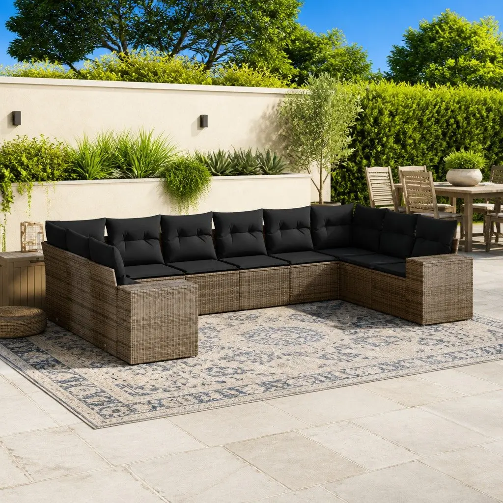 10 Piece Outdoor Furniture Set Modular Grey PE Rattan Garden Sofa with Storage Compartment and Removable Cushion Covers