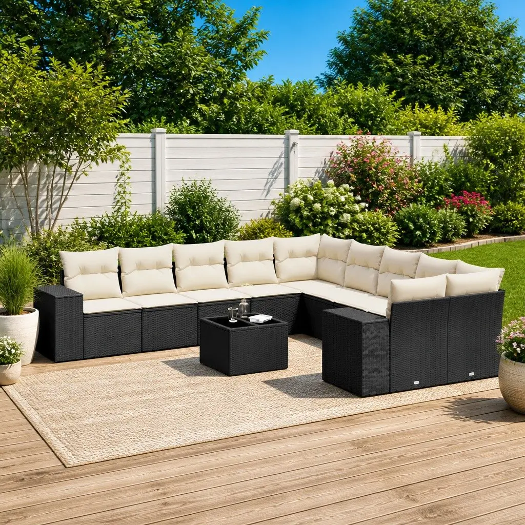 11 Piece Outdoor Furniture Set Modular Black PE Rattan Sofa with Cushions and Tempered Glass Table Top