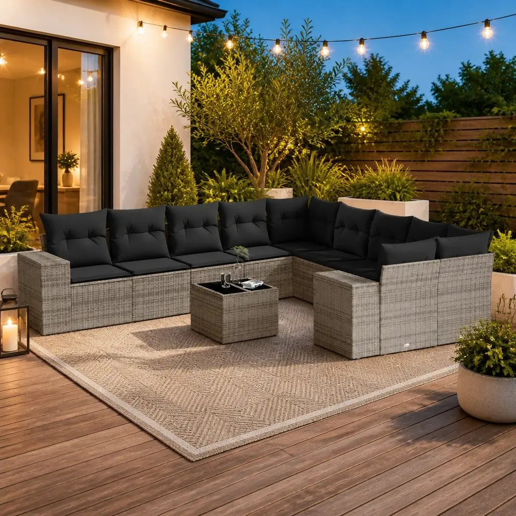 Garden Sofa Set 11 Piece Outdoor Furniture Patio Grey Poly Rattan with Cushions