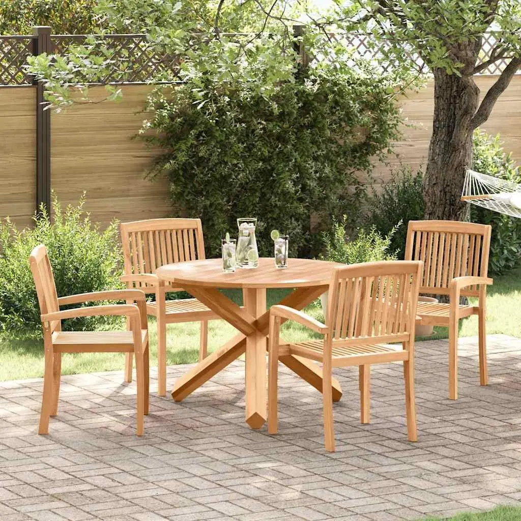Outdoor Dining Set 5 Pieces Round Table Garden Patio Furniture Brown Wood