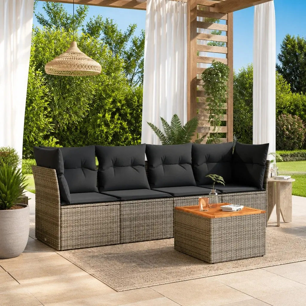 5 Piece Garden Sofa Set Poly Rattan Grey Acacia Wood Table Outdoor Furniture