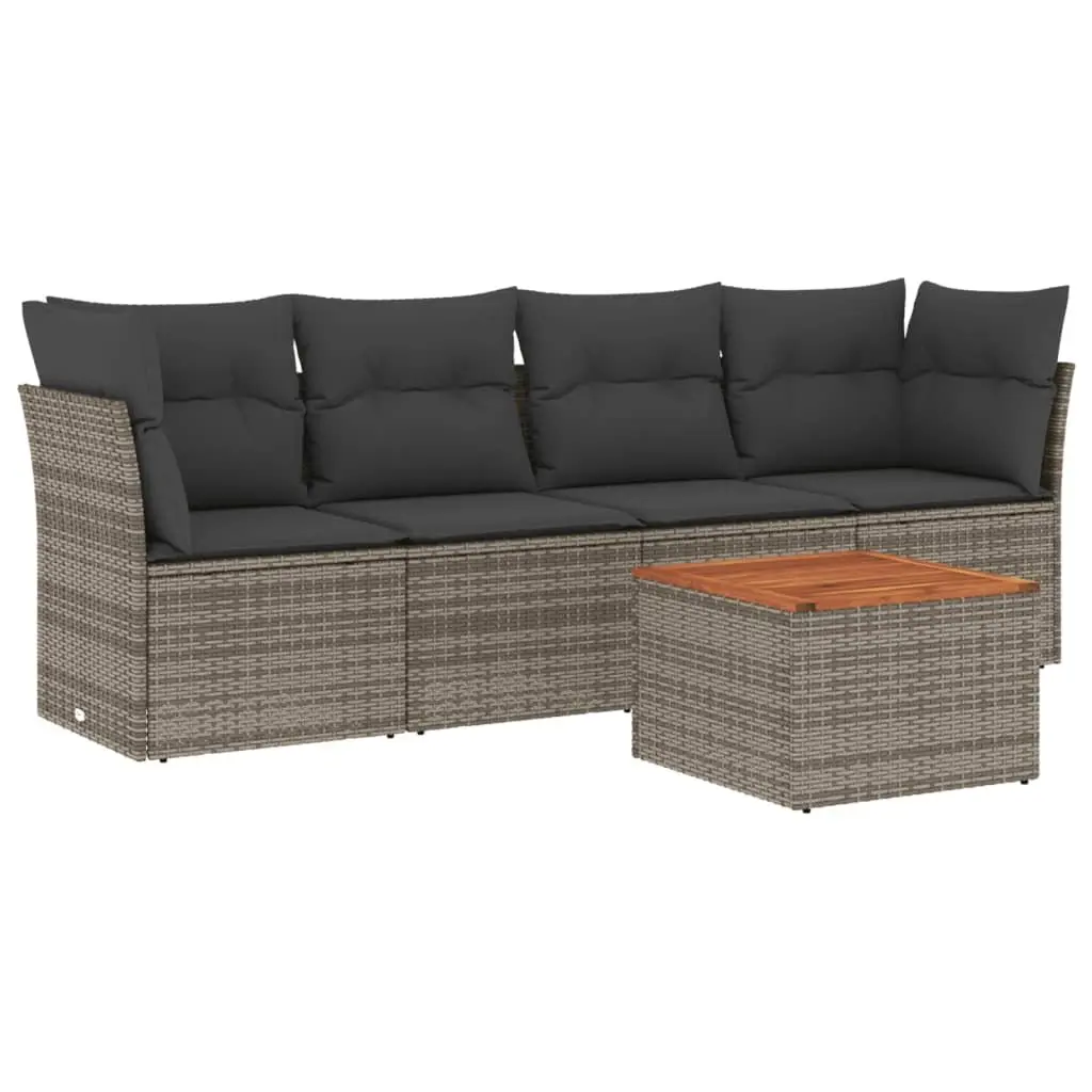 5 Piece Garden Sofa Set Poly Rattan Grey Acacia Wood Table Outdoor Furniture