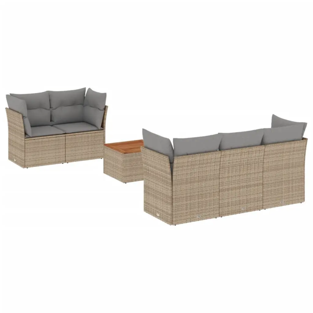 6 Piece Garden Sofa Set PE Rattan Beige with Cushions Acacia Wood Table Top