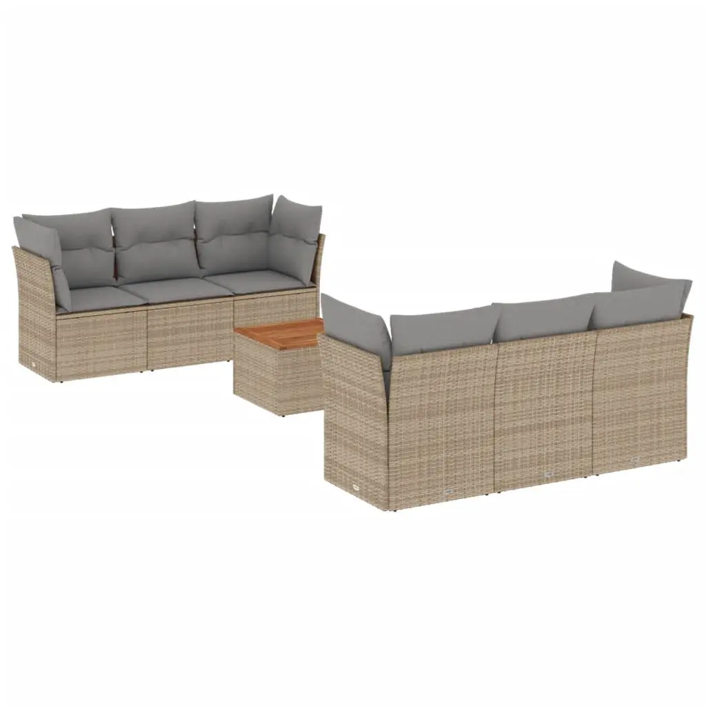 7 Piece Garden Sofa Set Poly Rattan Beige with Cushions and Acacia Wood Tabletop
