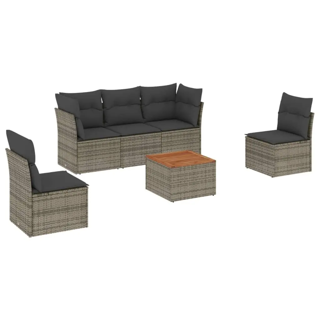 Garden Sofa Set 6 Piece PE Rattan Modular Outdoor Furniture Grey with Acacia Wood Tabletop