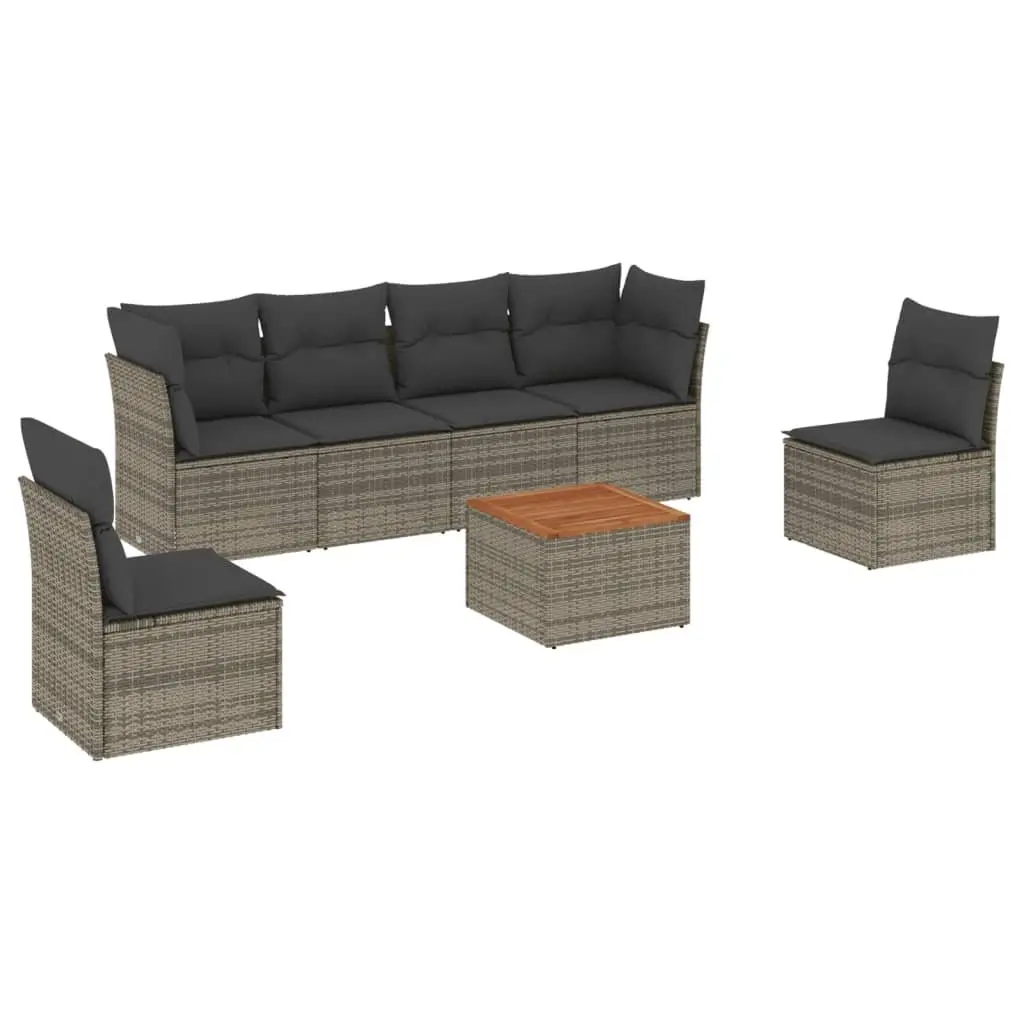 Grey Poly Rattan Outdoor Furniture 7 Piece Garden Sofa Set with Acacia Wood Table and Removable Cushions for Patio and Backyard