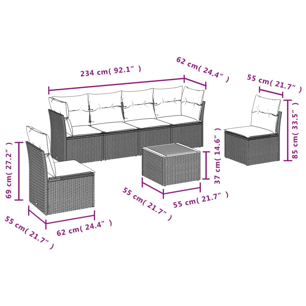 Grey Poly Rattan Outdoor Furniture 7 Piece Garden Sofa Set with Acacia Wood Table and Removable Cushions for Patio and Backyard