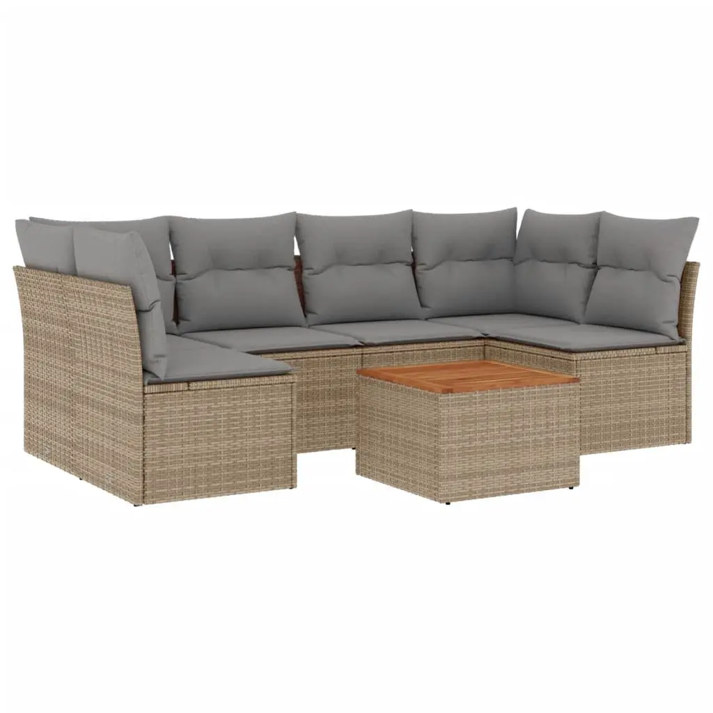 7 Piece Garden Sofa Set PE Rattan Beige Modular Outdoor Furniture with Acacia Wood Table Top