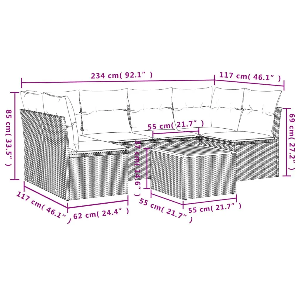 7 Piece Outdoor Garden Sofa Set Grey Poly Rattan Patio Furniture with Cushions