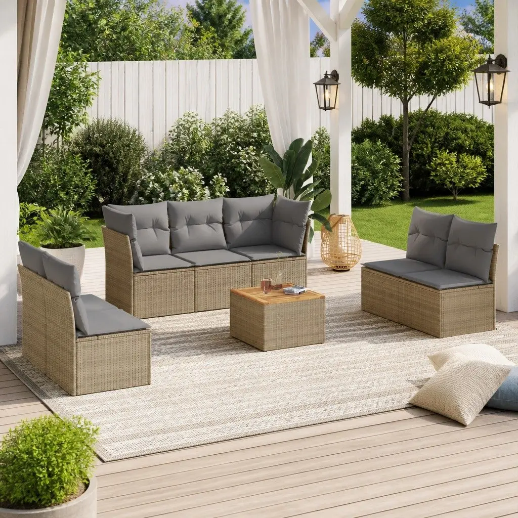 Garden Sofa Set 8 Piece PE Rattan Beige Modular Outdoor Furniture with Acacia Wood Table and Removable Cushion Covers
