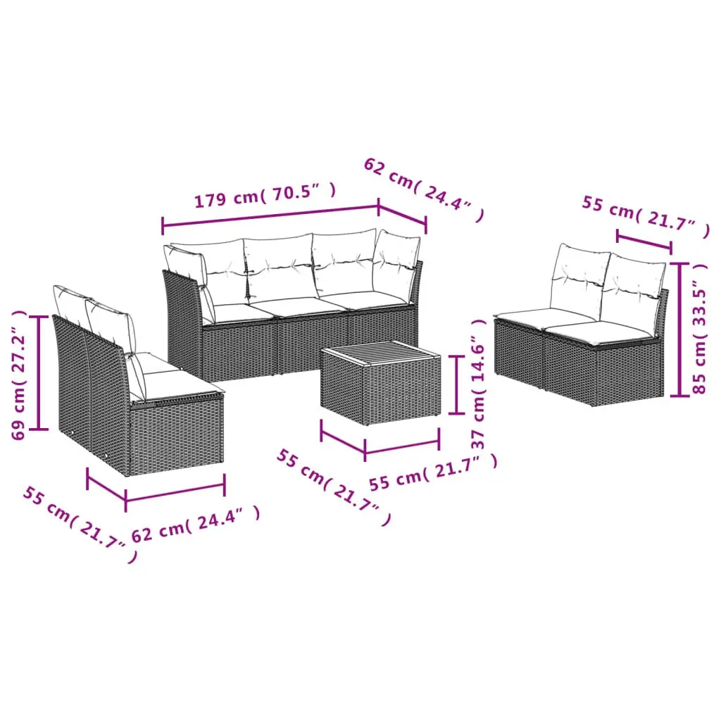 Garden Sofa Set 8 Piece PE Rattan Beige Modular Outdoor Furniture with Acacia Wood Table and Removable Cushion Covers