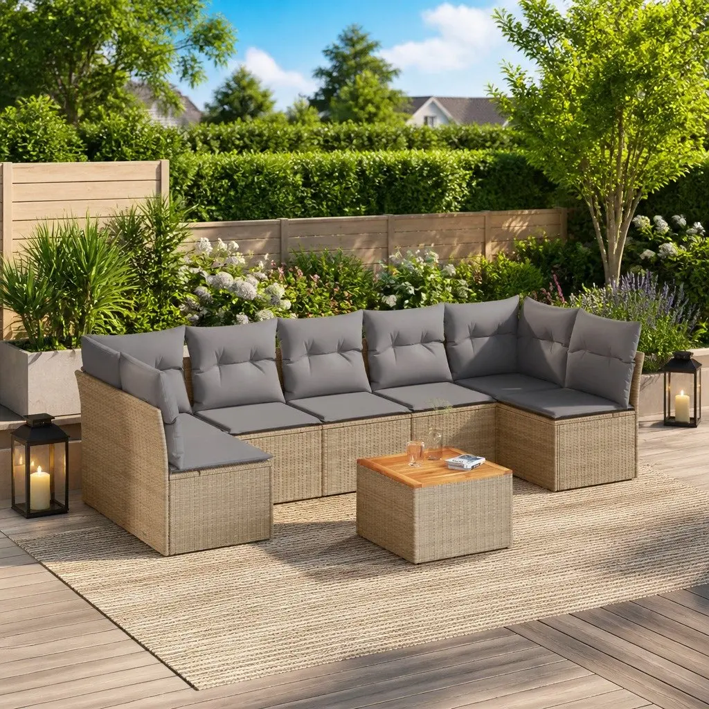 8 Piece Garden Sofa Set Modular PE Poly Rattan Outdoor Furniture Beige with Storage