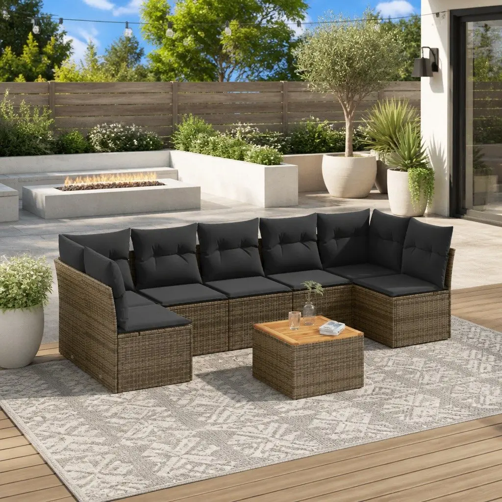 Garden Sofa Set 8 Piece Grey PE Rattan Modular Outdoor Furniture with Acacia Wood Table