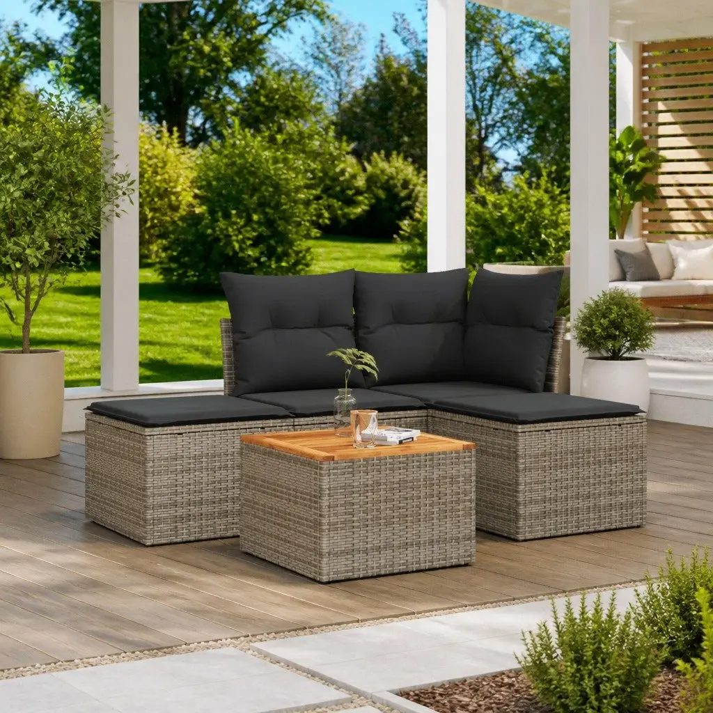 Garden Sofa Set 5 Piece Grey PE Rattan Modular Outdoor Furniture with Acacia Wood Tabletop