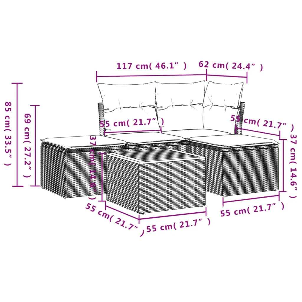 Garden Sofa Set 5 Piece Grey PE Rattan Modular Outdoor Furniture with Acacia Wood Tabletop