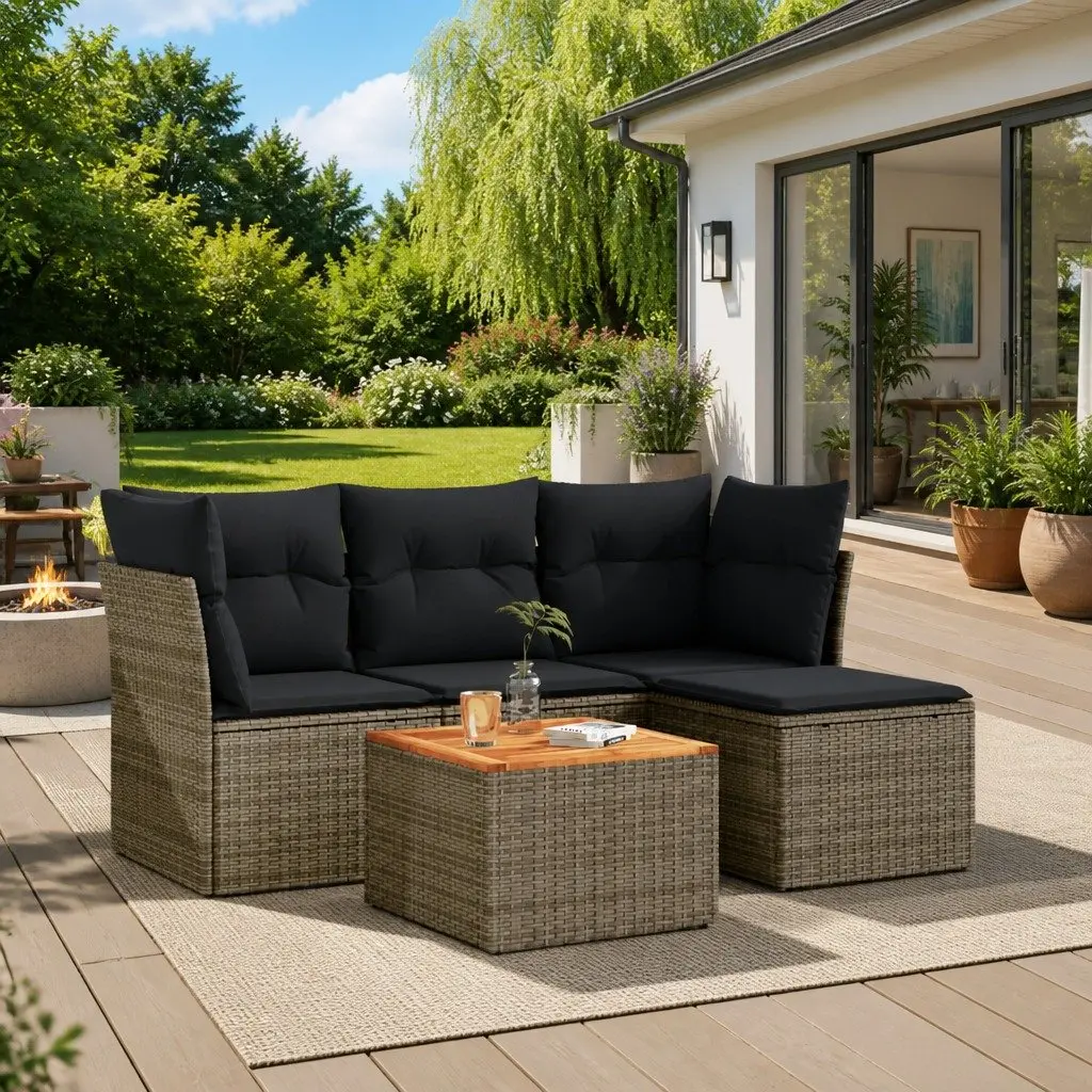 5 Piece Garden Sofa Set PE Rattan Grey with Acacia Wood Table Outdoor Patio