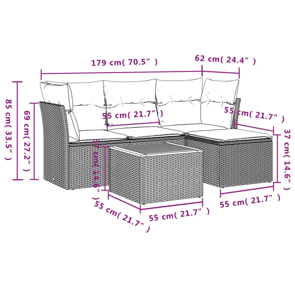 5 Piece Garden Sofa Set PE Rattan Grey with Acacia Wood Table Outdoor Patio