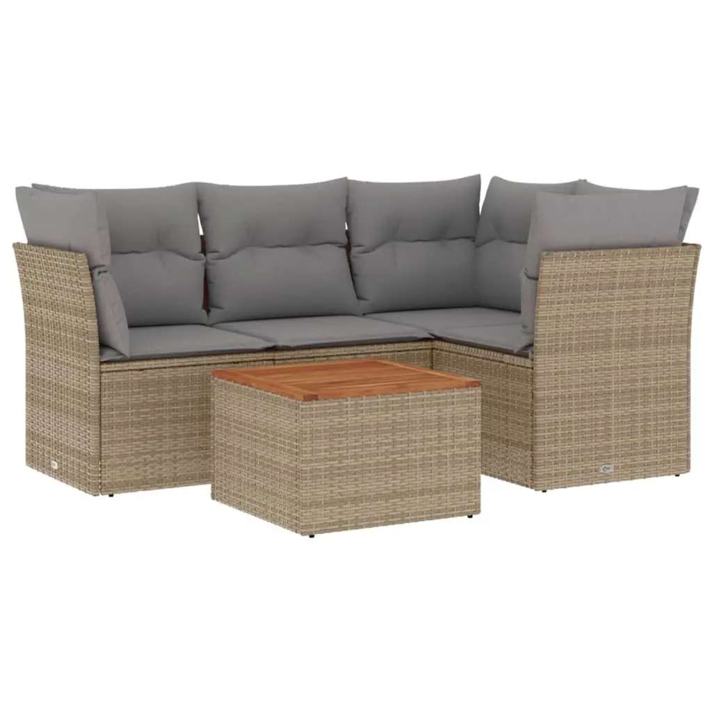 5 Piece Outdoor Garden Sofa Set Beige PE Rattan Patio Seating with Acacia Wood Table and Storage Function